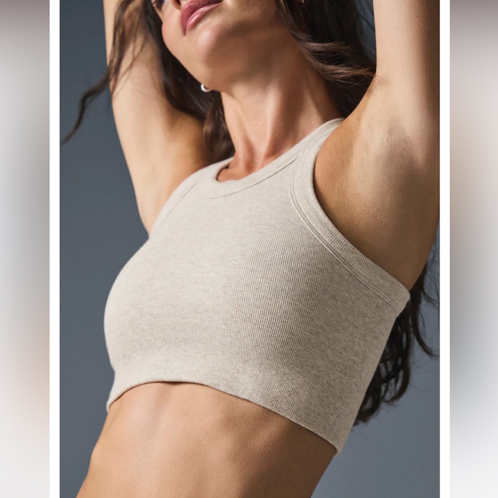 ALO YOGA ribbed crop tank bra compression top oatmeal xs 👓